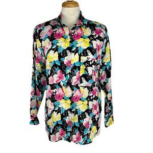 Vtg 80s Small Top Blouse You Babes Neon Floral Long Sleeve Button Front USA Made